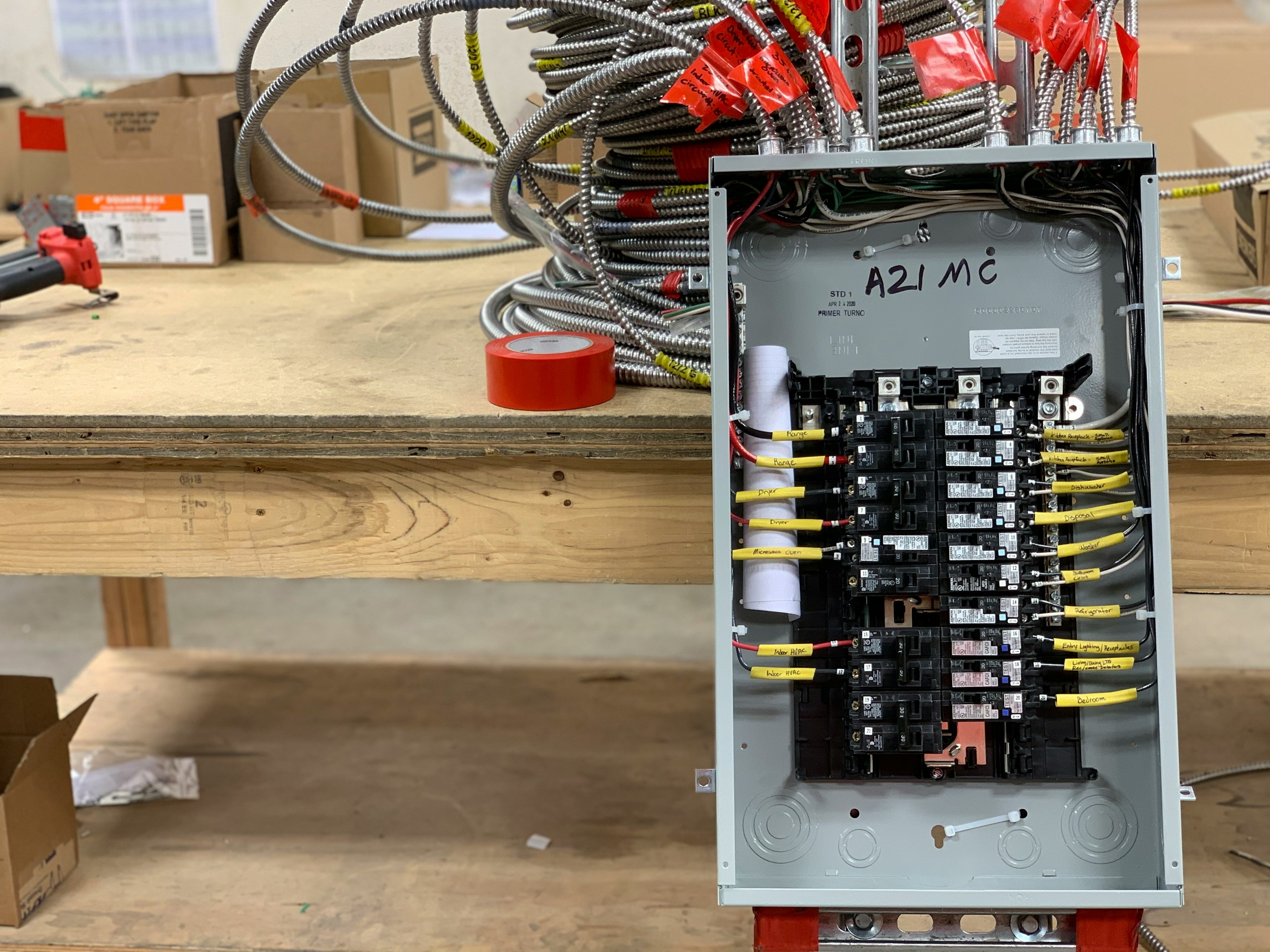 Distribution board with breakers being wired