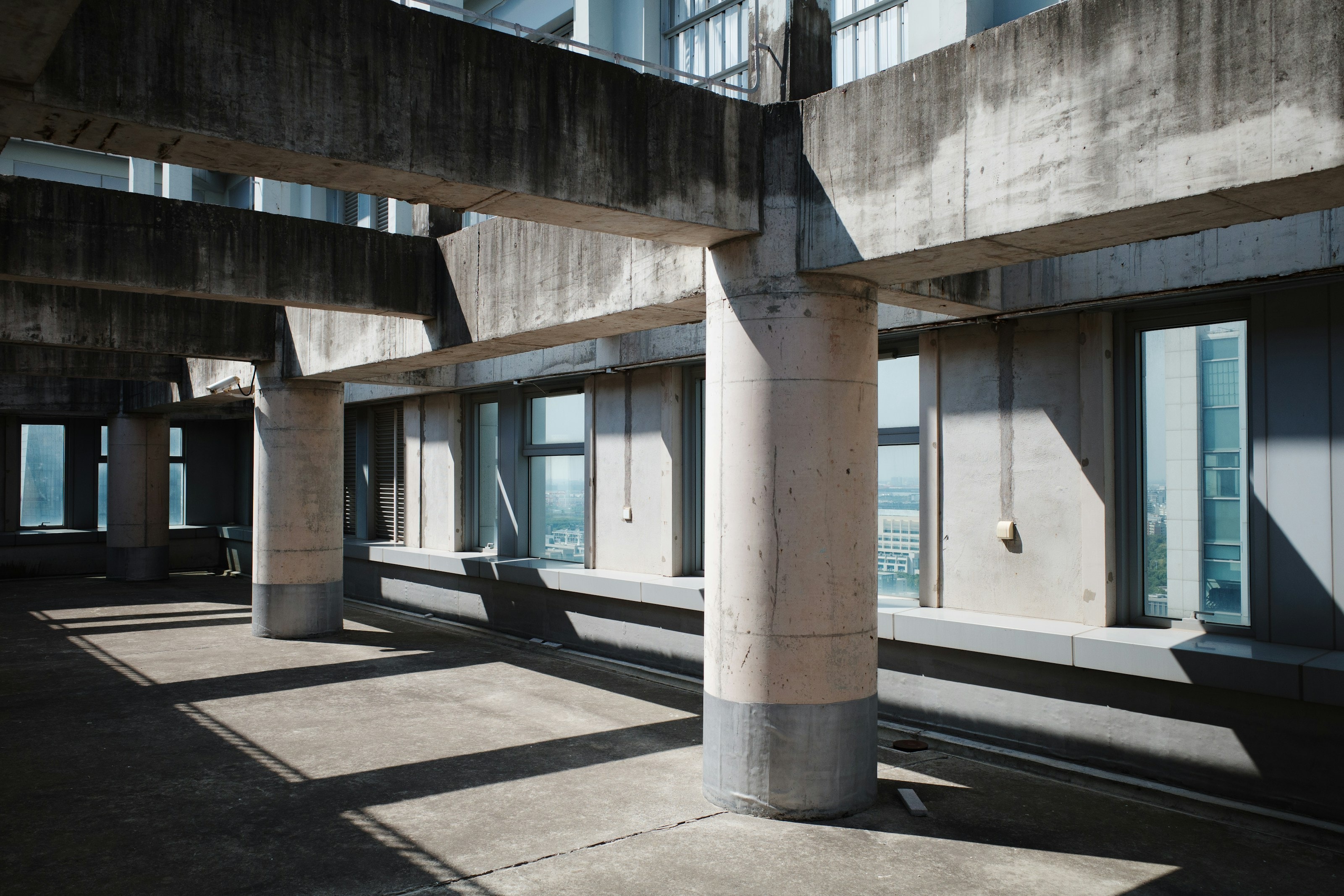 Bare concrete office floor with round columns and full-height windows